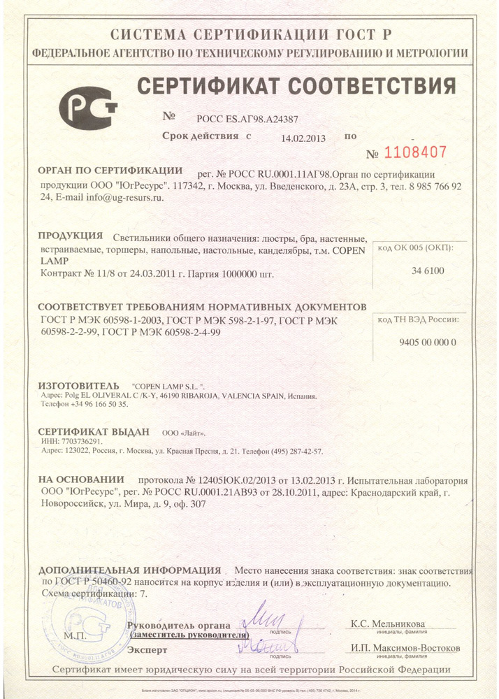 Сертификаты Copenlamp