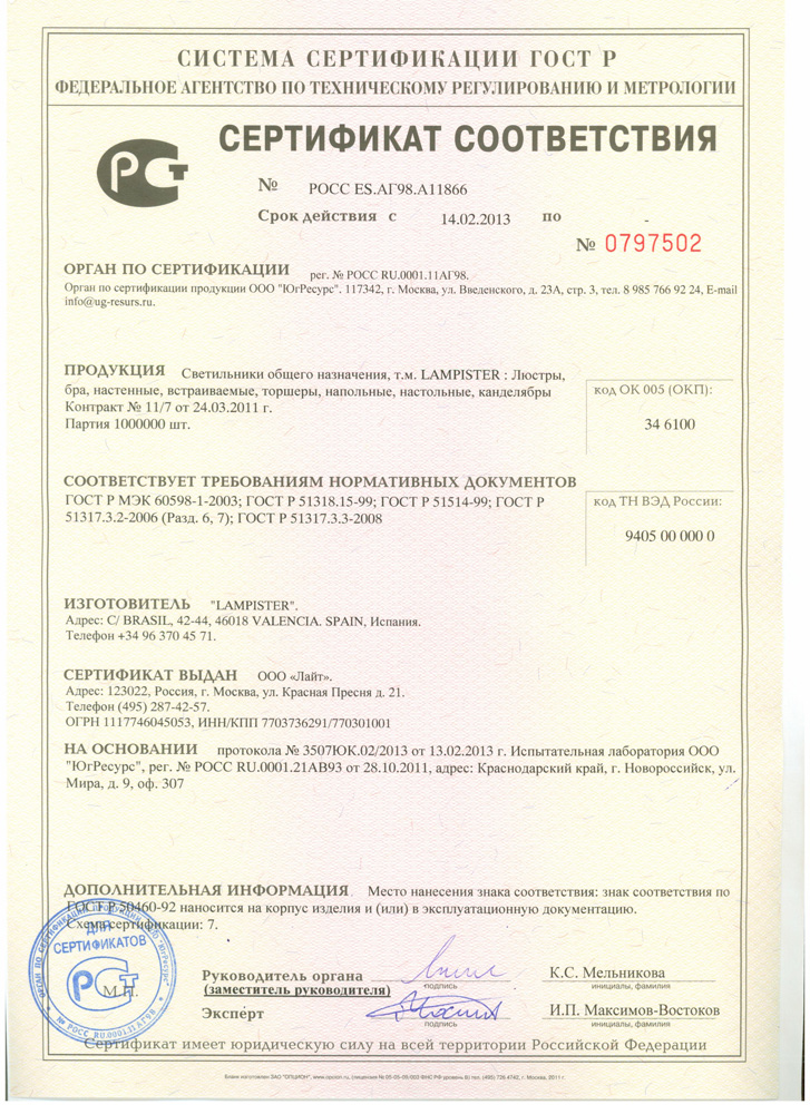Сертификаты Lampister