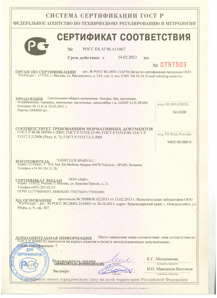 Сертификаты Light Lux Spain / Raylo