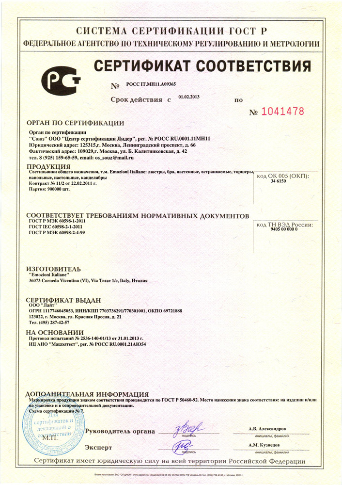 Сертификаты Miniluce / Emozioni Italiane